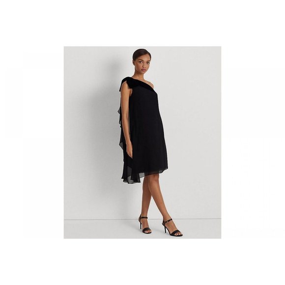 Lauren Ralph Lauren Women's Georgette One-Shoulder Dress 253808477001 Black 6 - Picture 1 of 4